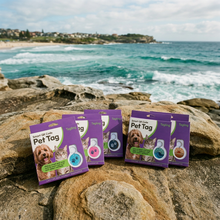 Tagling packaging showing the tag and feature list