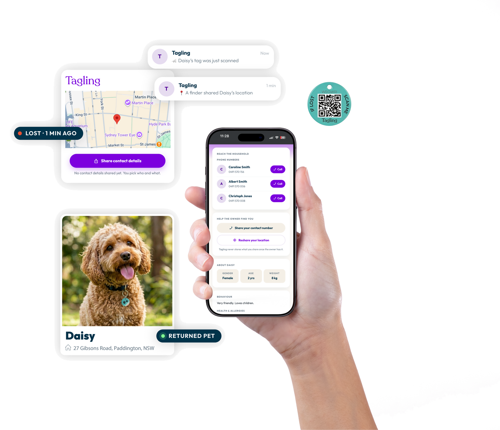 Tagling smart pet tag with floating app notifications and finder screens