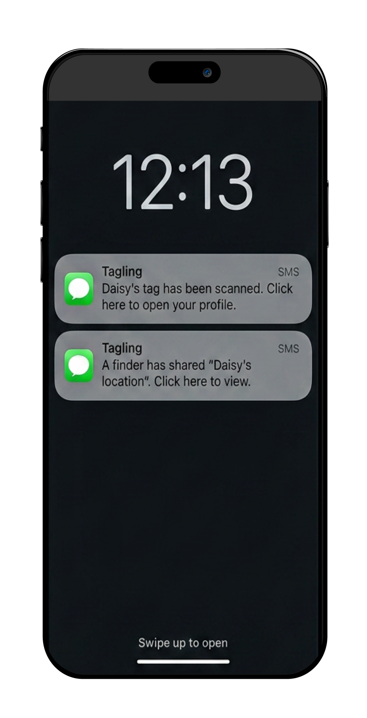 Phone showing a Tagling SMS notification arriving