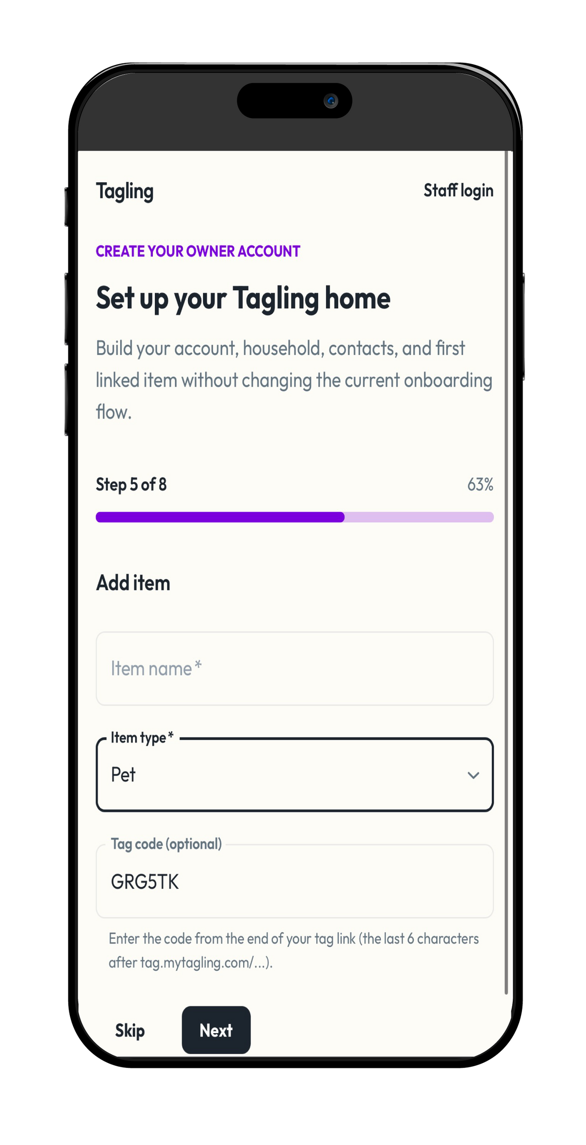 App screen showing the create-pet-profile form