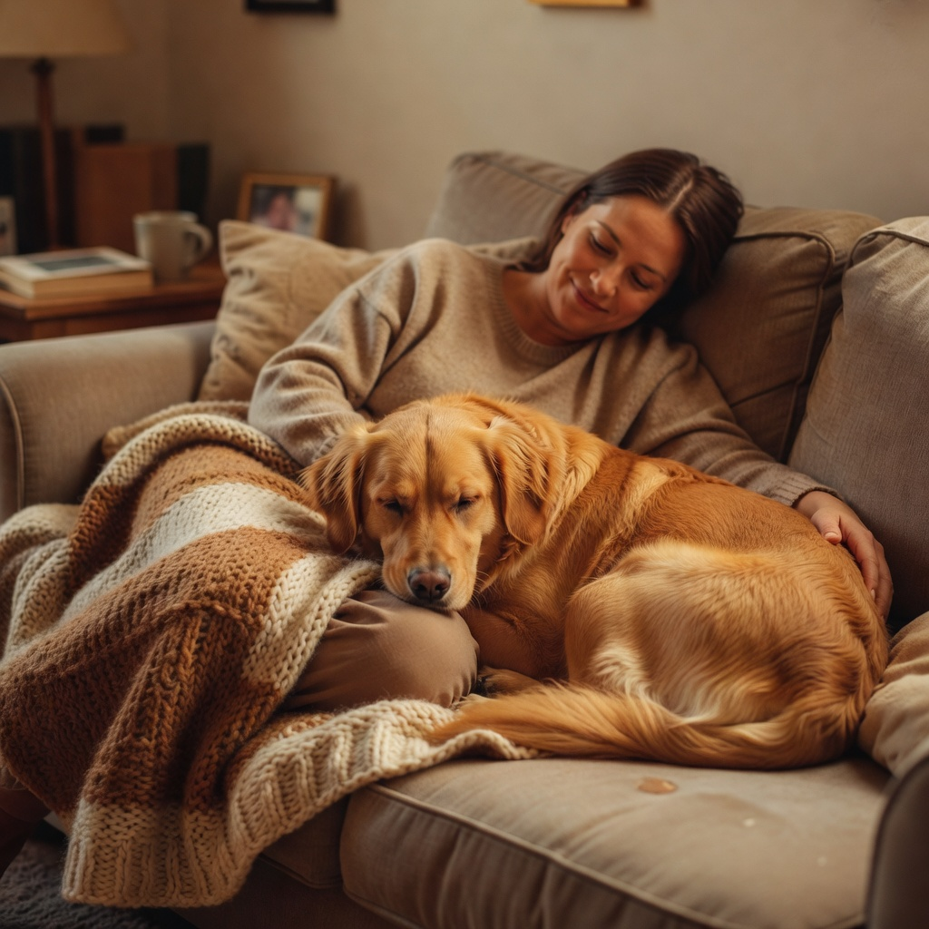 PHOTO: Pet parent sitting on a sofa with a medium dog curled up next to them, soft indoor light, warm documentary moment. DESIGNER NOT TO COMPLETE