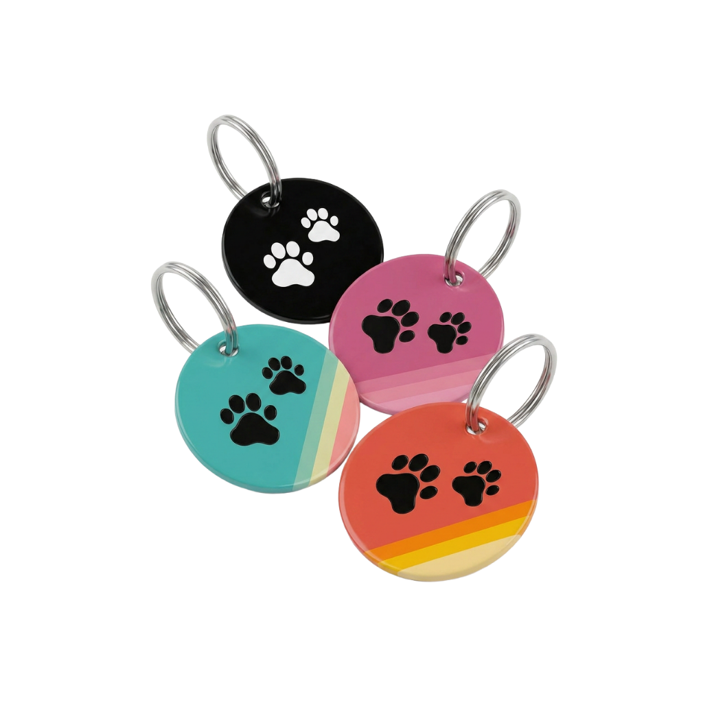 A Tagling tag with a paw print design on a dog's collar