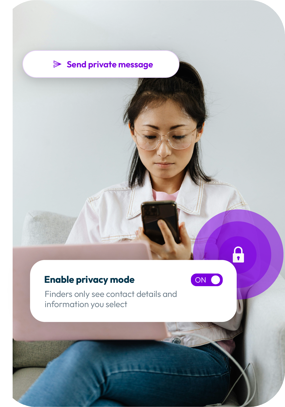 Pet parent using Tagling's privacy controls on her phone — Send private message and Enable privacy mode features shown
